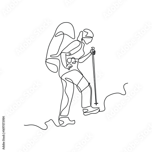 Continuous line drawing of woman hiking mountain hill wearing backpack. Single line art of traveler with bag. Vector illustration editable stroke