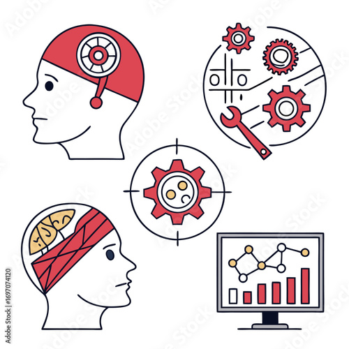 Artificial intelligence and data analysis concepts with human head icons