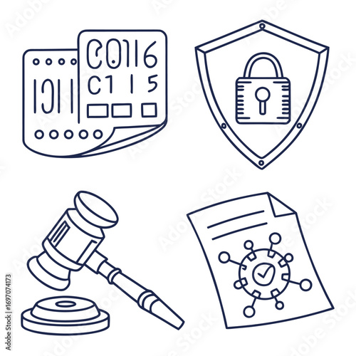 Legal icons including a gavel, shield, and document