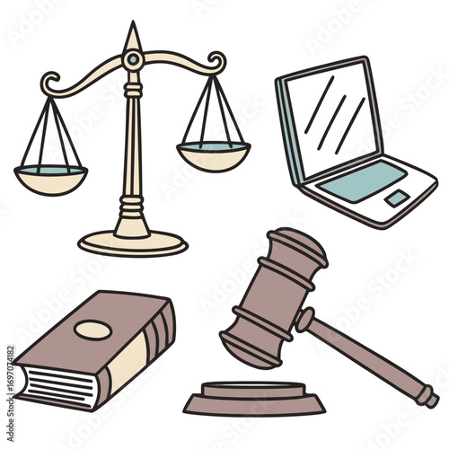 Legal symbols including scales of justice, laptop, book, and gavel