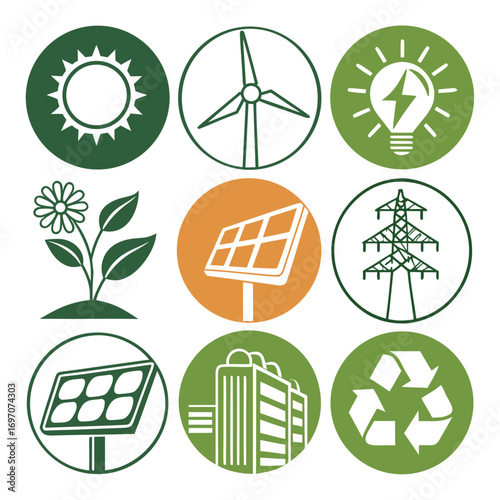 Collection of circular icons representing green energy and sustainability