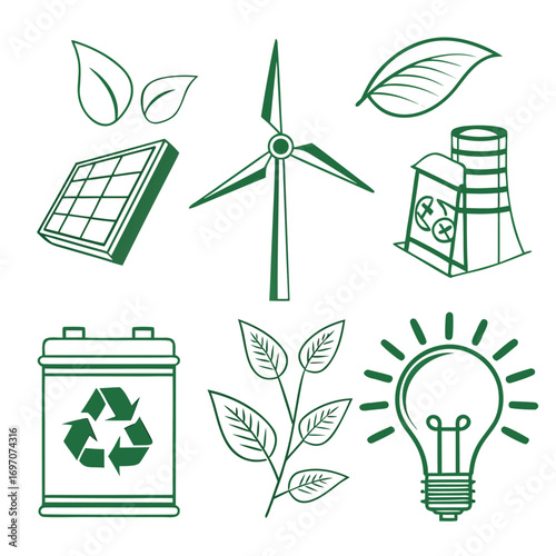 Set of green energy icons including solar panel, wind turbine, and battery