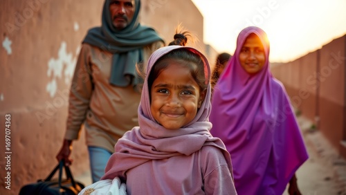 Refugee family arriving, carrying belongings in village
