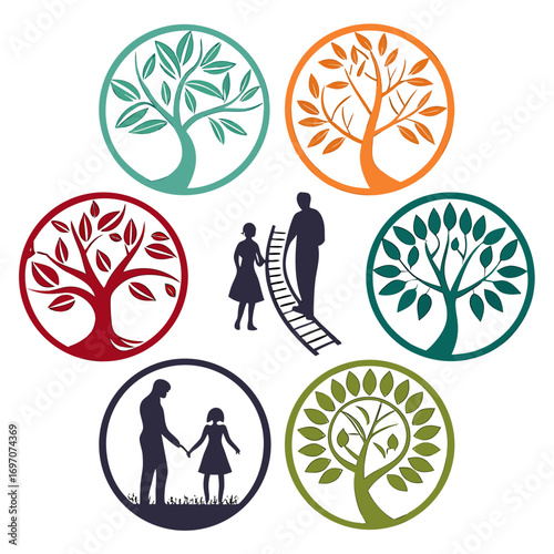 Family tree icons with people climbing stairs and holding hands