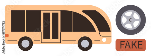 Orange bus with a sleek design next to a detached wheel and a FAKE label in bold. Ideal for transport, design, authenticity, urban mobility, engineering, counterfeit, awareness. Simple flat metaphor