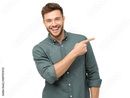 Happy Man Pointing, Gesture, Advertisement, Presentation, Isolated on White Background