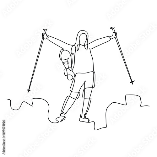 Continuous line drawing of woman hiking mountain hill wearing backpack. Single line art of traveler with bag. Vector illustration editable stroke