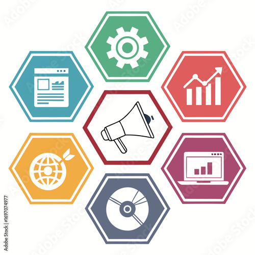 Hexagonal icons representing business and marketing concepts