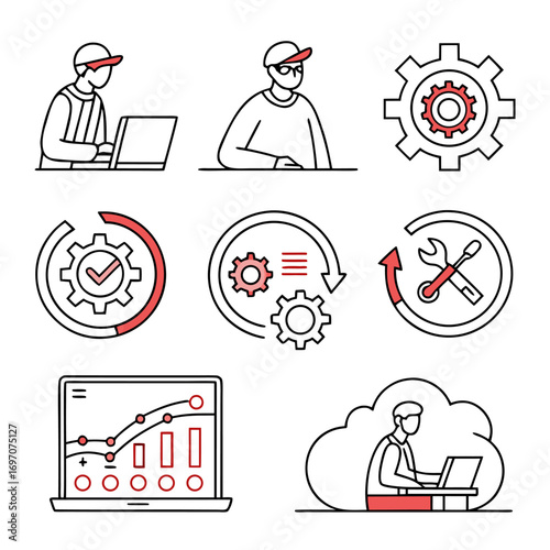 Devops icons set with people, gears, charts and cloud