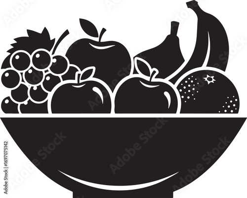 Black and White Fruit Bowl Vector Illustration with Apples Bananas Grapes and Orange