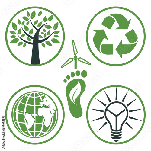 Set of ecofriendly icons including a tree, recycling symbol, globe, and light bulb
