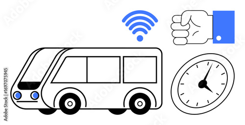 Modern bus, wireless signal, clock symbolizing punctuality, and wrist gesture. Ideal for smart transit, punctuality, connectivity, urban mobility automation schedules time management. Simple flat