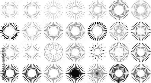 Collection of radiating starburst and sunburst graphic design elements