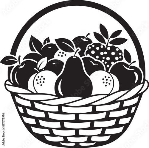 Black and white illustration of a fruit basket brimming with fresh produce for healthy eating