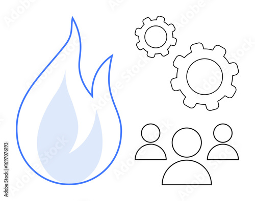 Flame symbolizes energy and passion cogs represent teamwork and process, with three people denoting collaboration. Ideal for creativity, innovation, teamwork, efficiency, motivation, problem-solving