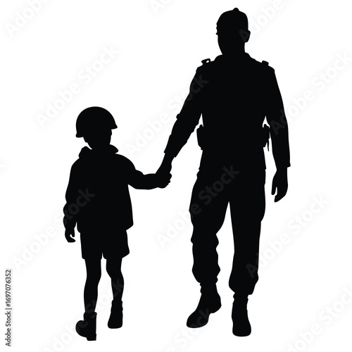Silhouette of Soldier Holding Hands with Child Wearing Helmet Walking Left vector illustration