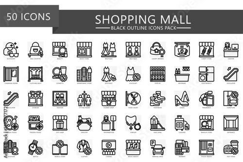 Shopping and Mall black outline icons set. contain fashion, electronics, food court, shopping bag, food wear, grocery, payment, jewelry and more. Vector EPS 10 for UI, UX kit, web and app development.