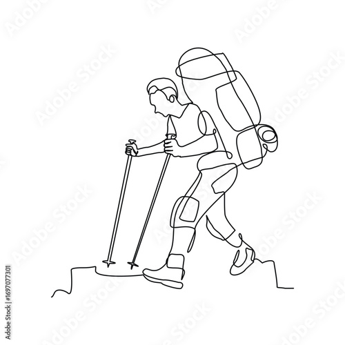 Continuous line drawing of man hiking mountain hill wearing backpack. Single line art of traveler with bag. Vector illustration editable stroke