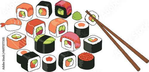 Delicious Sushi Rolls and Chopsticks A Colorful Illustration of Japanese Cuisine Delight