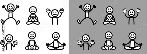 Emotion Stick Figures Happy, Sad, Lotus Pose Simple UI Icon Pack