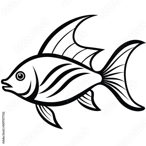Stylized black and white illustration of a fish with flowing fins and striped body on a white background