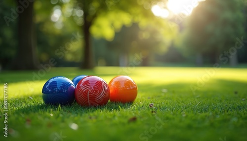 Vibrant bocce balls rest on green lawn. Sharp details, dynamic range, focused lighting balls, blurred outdoor background of trees. Perfect for summer leisure, garden games, outdoor recreation.