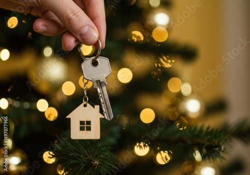 Home keys held in front of a Christmas tree