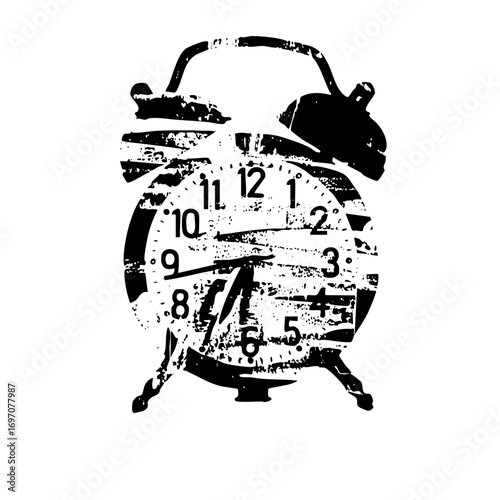 Vector Distressed monochrome alarm clock with visible numerals.