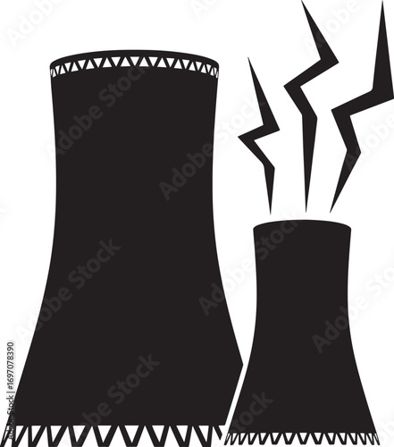 Nuclear power plant reactors illustration emitting energy representing electricity production and industrial impact