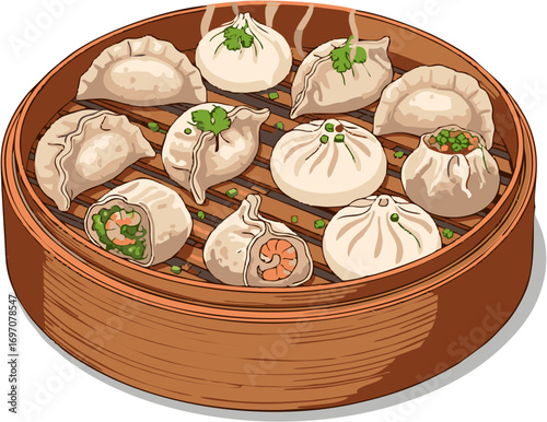 Delicious Assortment of Steamed Dumplings and Buns in a Bamboo Steamer Basket