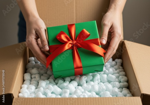 Hands holding a wrapped gift in a box filled with packing peanuts