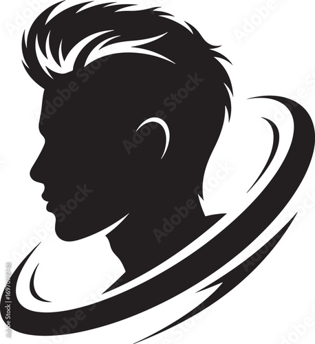 Stylish male haircut with modern design silhouette in black and white for barbershop branding