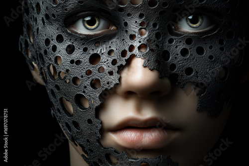 WWoman face with black mask with hooles
