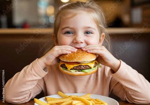 Happy child eating a hamburger with french fries