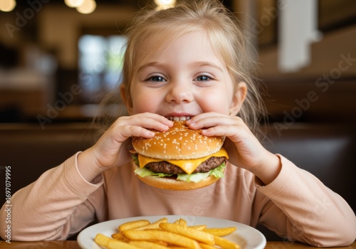 Little girl enjoying a delicious cheeseburger and french fries.