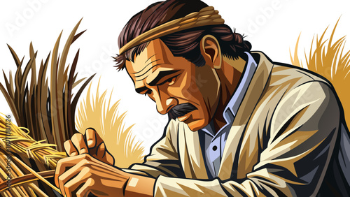 Close-up portrait of male basket weaver braiding reeds. Isolated white background emphasizes skill, culture, and patience.