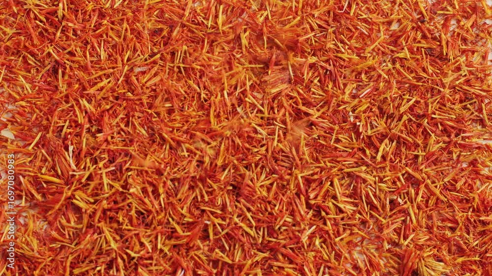 Dried crimson saffron on grey desk close-up macro. Orange red spice for food. Crocus sativus flower saffron Dried crimson saffron on grey desk close-up macro. Orange red spice for food. Crocus sativus flower saffron
