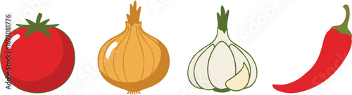 Fresh Vegetables Tomato, Onion, Garlic, and Chili Pepper Illustration for Culinary Delights