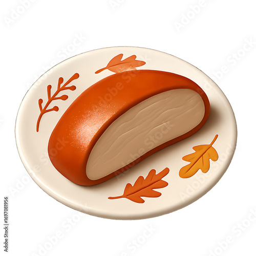 Slice of turkey on decorated plate 3D plastic icon with autumn leaf pattern