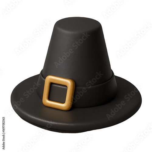 Black pilgrim hat with golden buckle 3D plastic icon for Thanksgiving