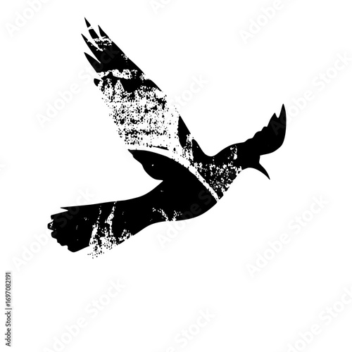 Vector Abstract black bird silhouette disintegrating into particles.