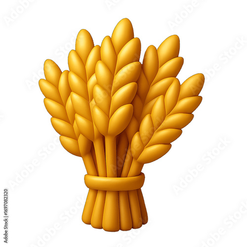 Golden wheat sheaf 3D plastic icon with detailed stalks and grain texture