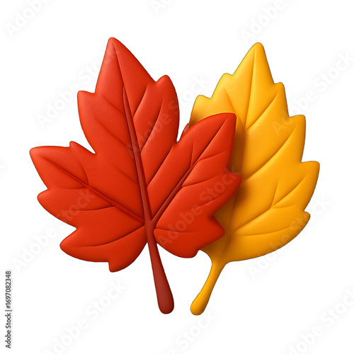 Autumn leaves red and yellow 3D plastic icon with detailed vein texture