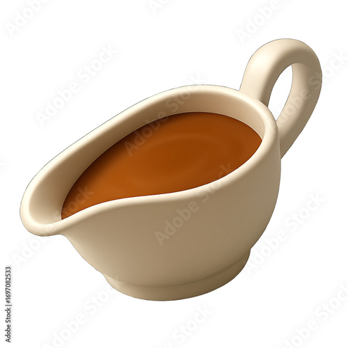 Gravy boat with brown gravy 3D plastic icon featuring pouring spout