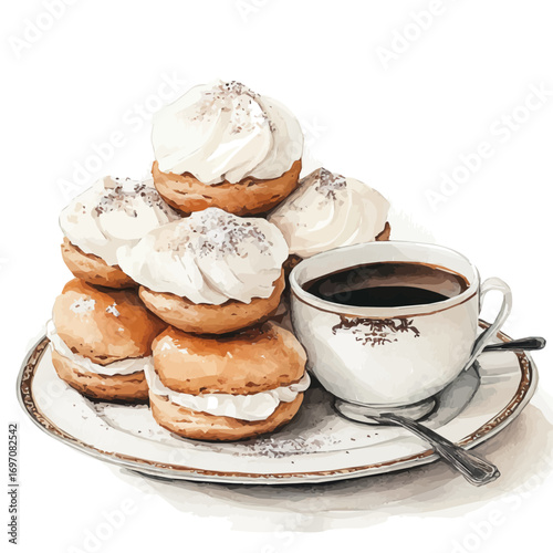 Profiteroles, watercolor drawing vector, isolated on a white background.
