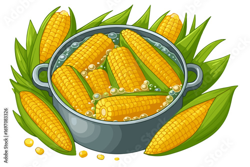 Corn cobs boiling in pot with green leaves, vector illustration in yellow and green colors, healthy food and harvest concept