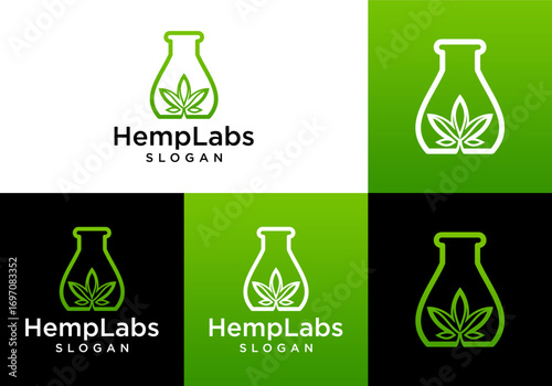 vector icon logo of laboratory bottle with marijuana leaf