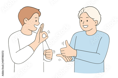Two men communicating with sign language, vector illustration in blue and white colors, deaf community and inclusive communication concept