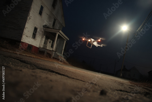 drones patrol residential areas at night ensuring safety with their ultrabright lights illuminating dark sky