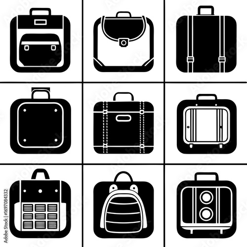 Set of Nine Black and White Icons Representing Different Types of Luggage and Bags Keywords: luggage, bag, suitcase, travel bag, handbag, backpack, briefcase, trolley bag, duffel bag, carry-on
